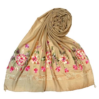 Designer hand work flower hijab - Light Brown